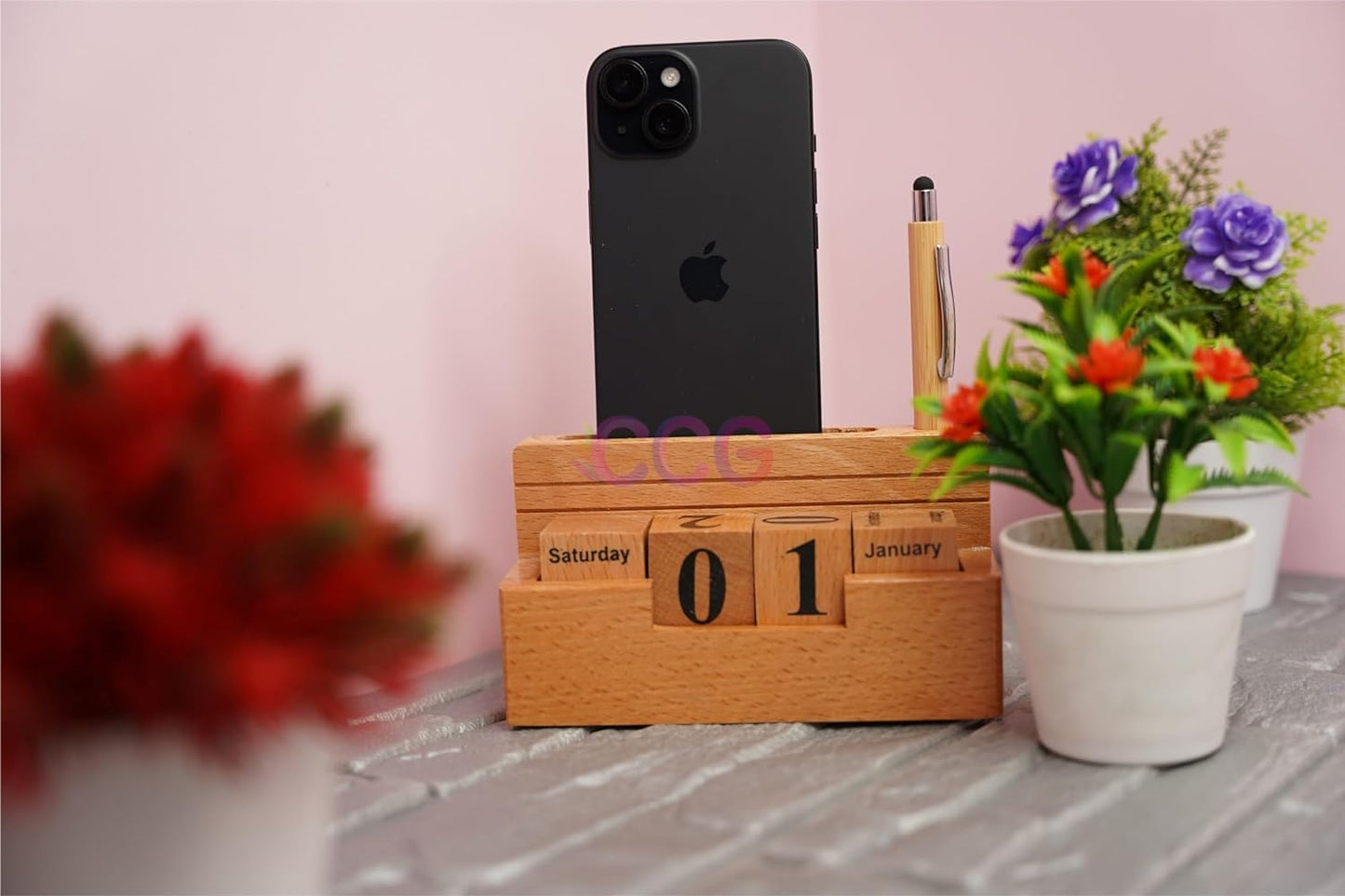 Craft Closet & Gifts - Wooden Stylish Rolling Table Calendar Design Single Pen/Pencil Holder + Mobile Stand - Personalized Office Desk Supplies Accessory for IAS, Advocate, Office & Corporate Gifts