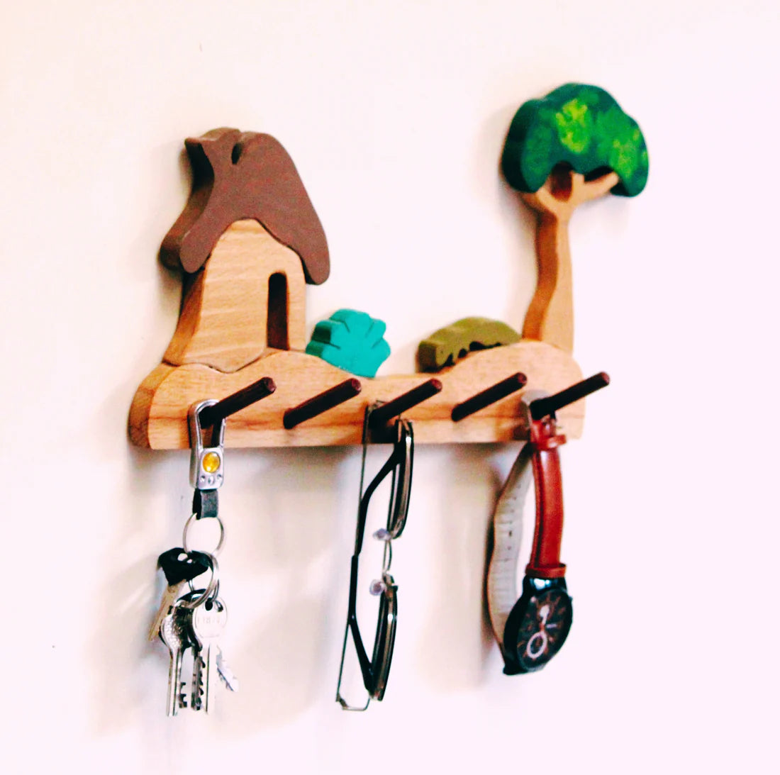 Playminds Forest-House Kids Wall Hanger (Seenary with house, bush, tree and a Fox)| Keys, Cloths, ID Cards Hanger| Kids Room Organizer | Natural Wood Hanger