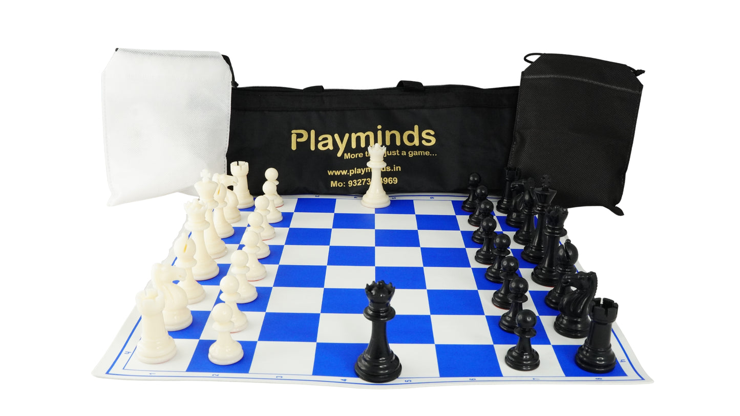 Playminds Vinyl Chess Set with 2 Extra Queens & Chess Bag (available in 17 Inches and 20 Inches) - Color Blue & White