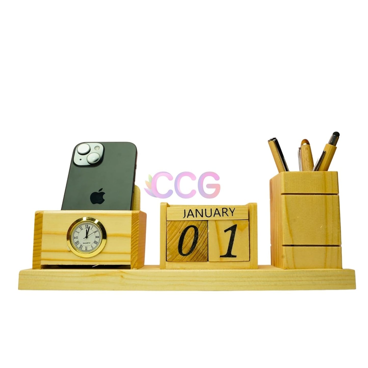 Craft Closet & Gifts - Customized Steam Breech Wooden Office Study Desk Supplies Organizer Stand with Clock, Calendar, Pen/Pencil Holder & Phone/Card Slot For IAS, Advocates, Office & Corporate Gifts