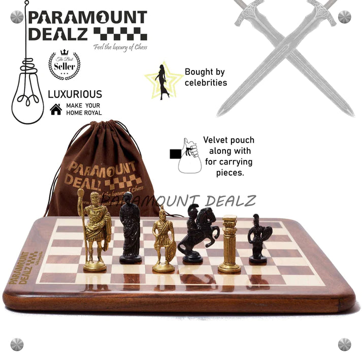 Playminds Handcrafted Brass Chess Set (FLAT Wooden Sheesham Board with Solid Brass Chess Set) - Best for Chess Enthusiasts and Gifting purpose