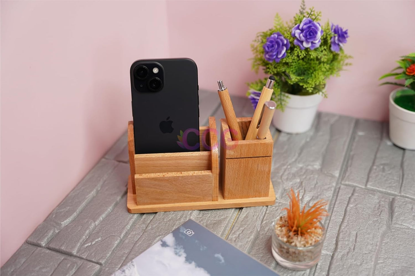Craft Closet & Gifts - Steam Beech Wood Pencil Pen Stand with Card and Mobile Holder - Design 2 - Personalized Office Accessory for IAS, Advocate, Office & Corporate Gifts