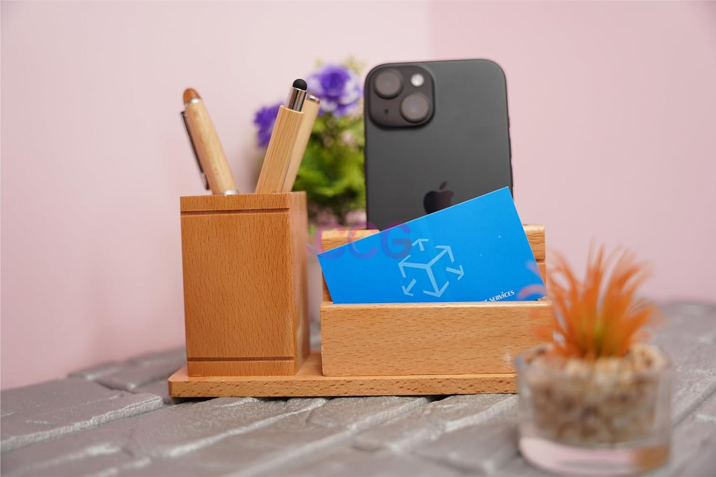 Craft Closet & Gifts - Wooden Pen Pencil Holder Stand with Card Slot and Mobile Holder - Design 2 - Personalized Office Accessory for IAS, Advocate, Office & Corporate Gifts