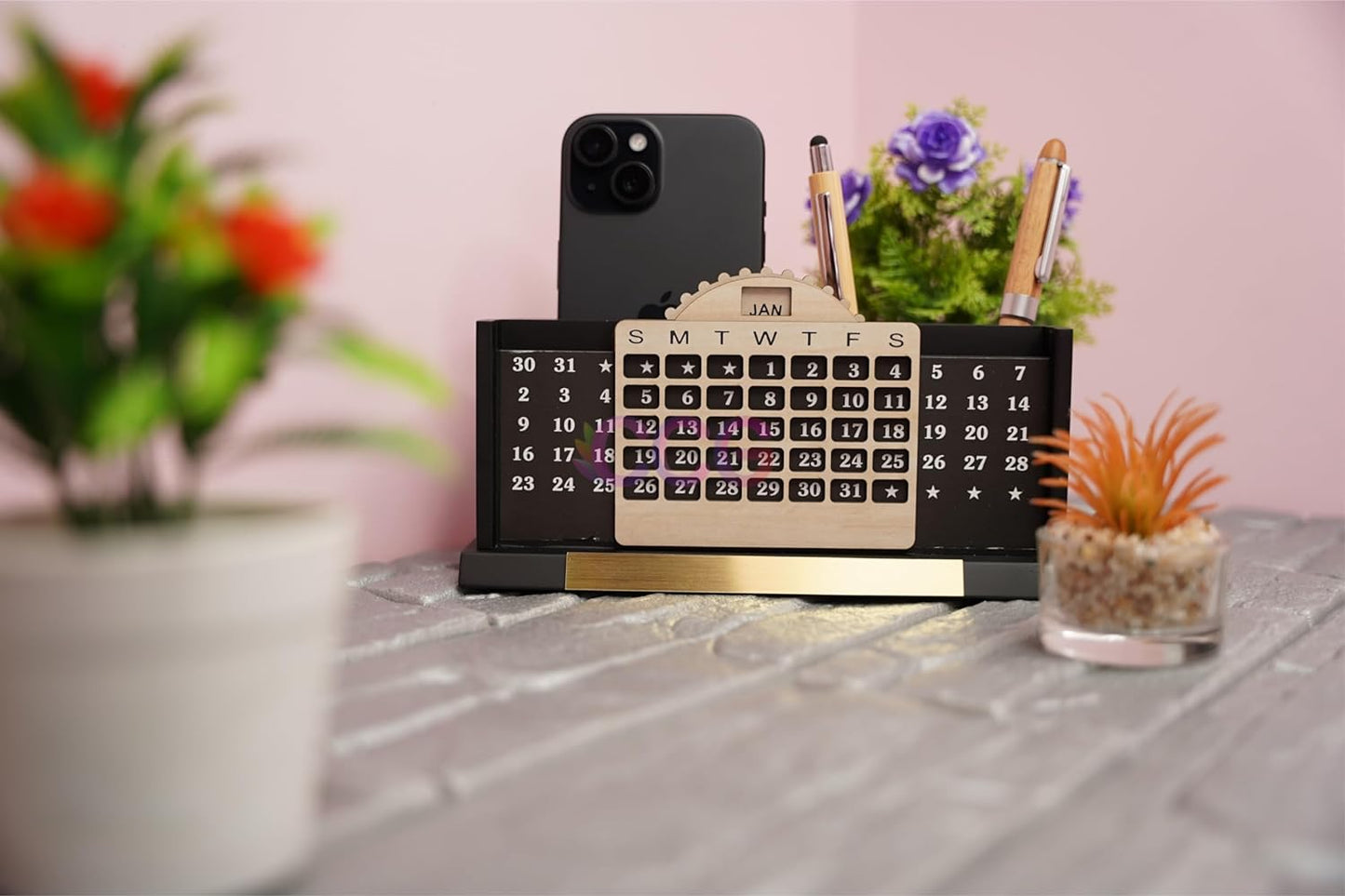 Craft Closet & Gifts - Wooden Stylish Calendar Design Mobile and Pencil Holder - Personalized Office Table Desk Supplies Accessory for IAS, Advocate, Office & Corporate Gifts