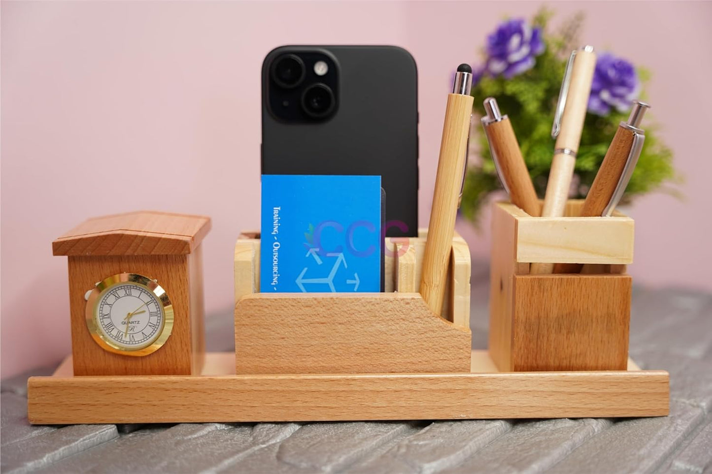 Craft Closet & Gifts - Wooden Pencil/Pen Stand Holder with Mobile, Card Holder and Clock - Design 2 - Personalized Office Accessory for IAS, Advocate, Office & Corporate Gifts