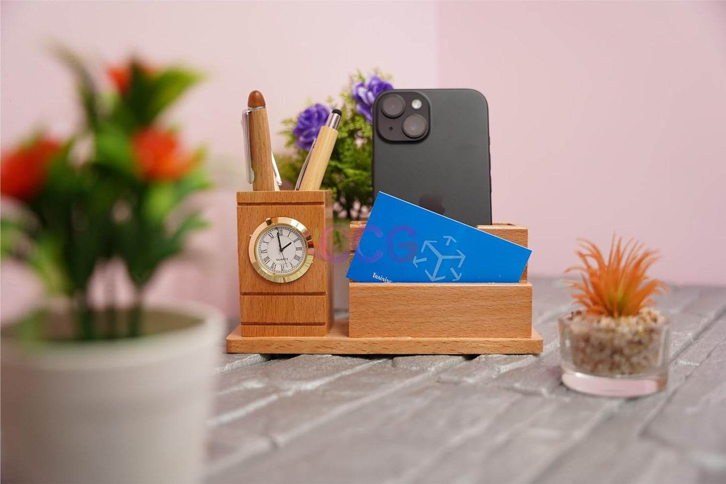 Craft Closet & Gifts - Wooden Pencil/Pen Stand Holder with Clock, Mobile Holder, and Card Holder - Design 1 - Personalized Office Desk Supplies Accessory for IAS, Advocate, Office & Corporate Gifts