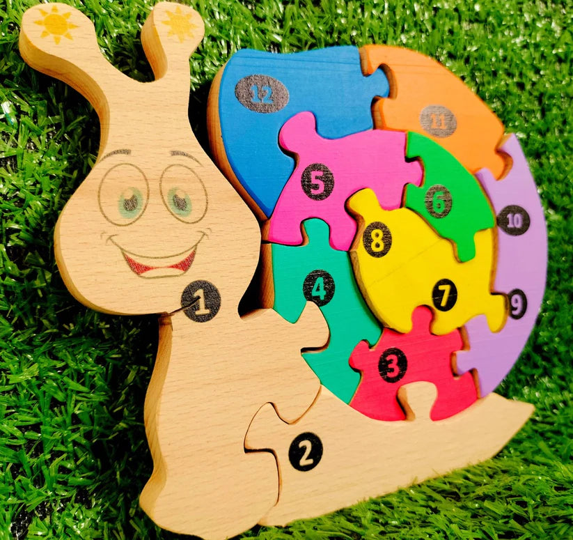 Playminds Snail02 Brain Teaser Jigsaw Number Puzzle Set (10 pieces)| Number puzzle | Interlocking Blocks Puzzle| Lock in Blocks Puzzle| Animals Puzzle| Wooden Puzzle