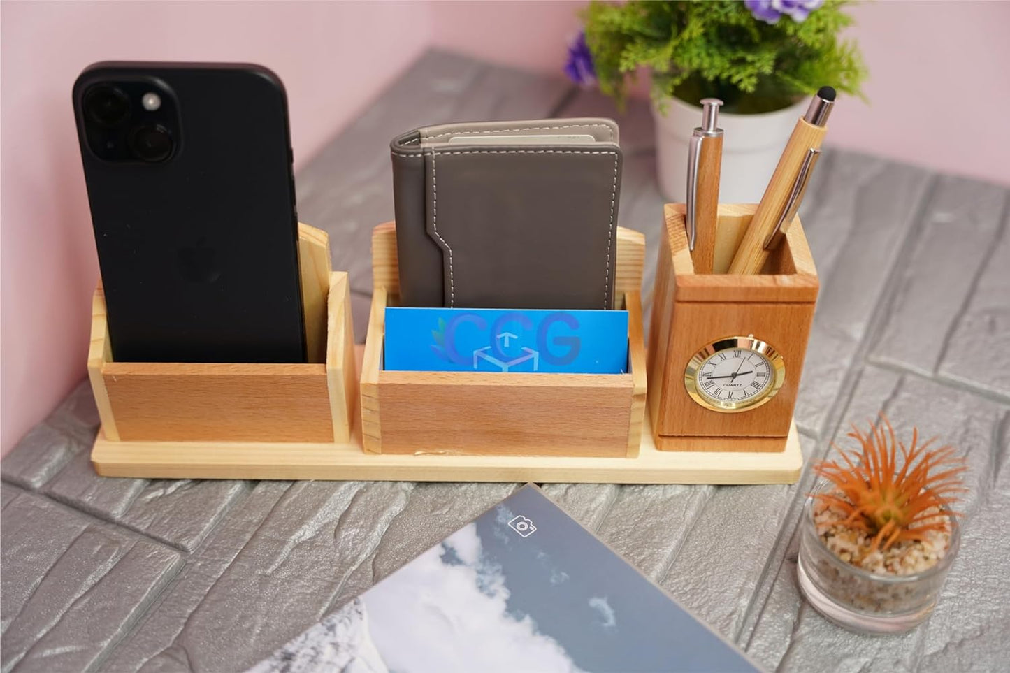 Craft Closet & Gifts - Steam Beech Wooden Desk Supplies Organizer with Clock, Wallet/Card Holder, Pen/Pencil Stand & Mobile Stand For IAS, Advocates, Office & Corporate Gifts