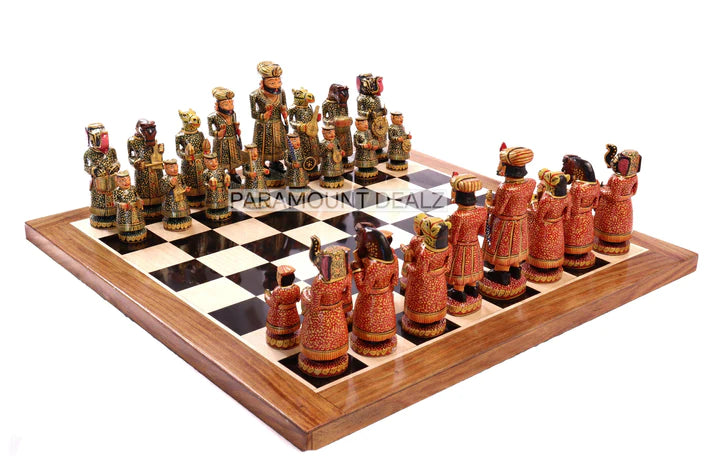 Playminds Wooden Indian Musical Theme 6" Chess Set - Handcrafted Chess Board with Chess Pieces and Box | Golden Rosewood Board for Kids and Adults