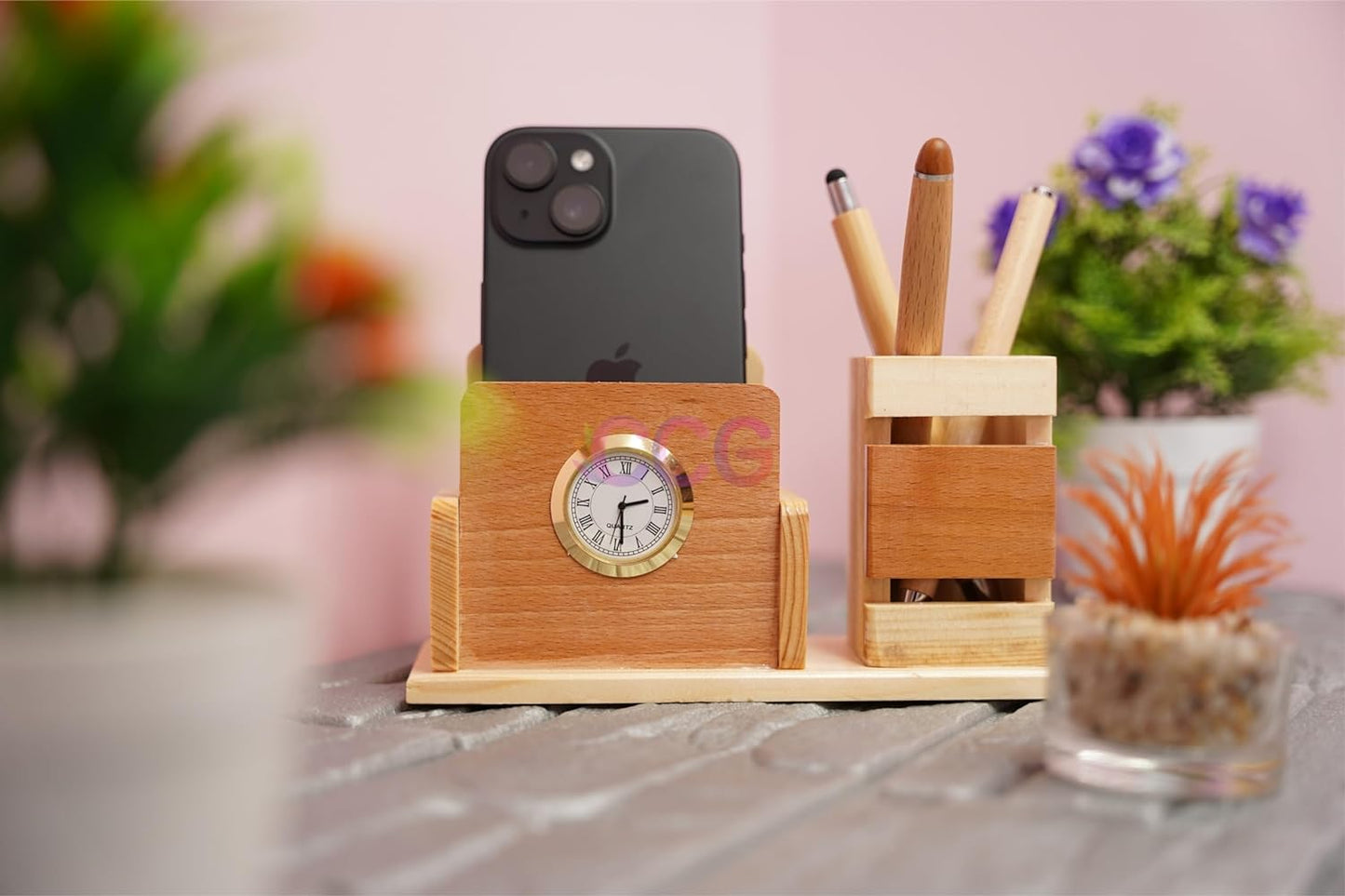 Craft Closet & Gifts - Wooden Pen/Pencil Holder Stand with Mobile Slot and Clock - Personalized Office Accessory for IAS, Advocate, Office & Corporate Gifts