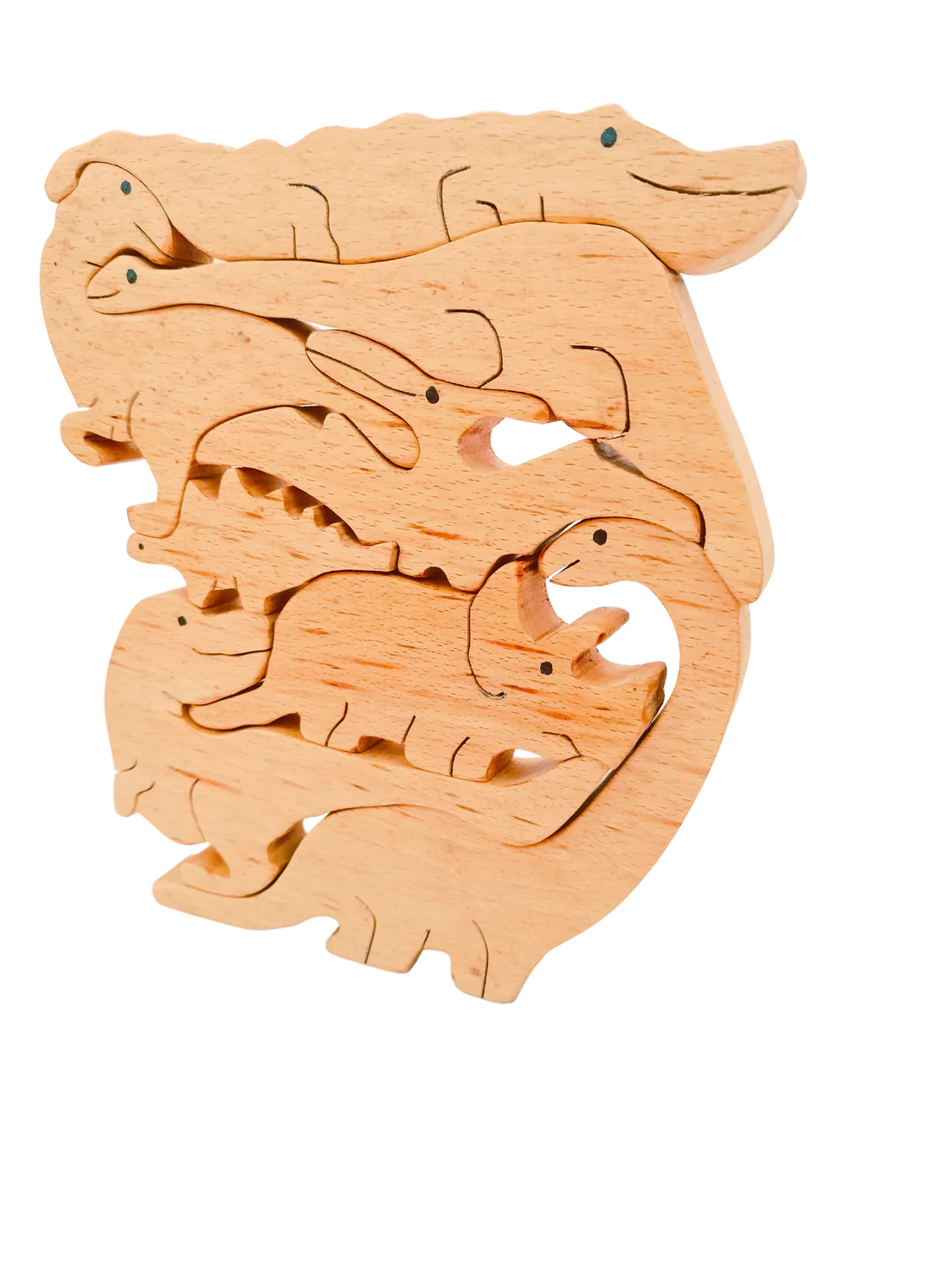 Playminds Three in one Stacking toy, Jigsaw Puzzle & Dinosaurs set (8 piece) | Wooden Jigsaw Animals Puzzle | Organic Toy for Brain Development