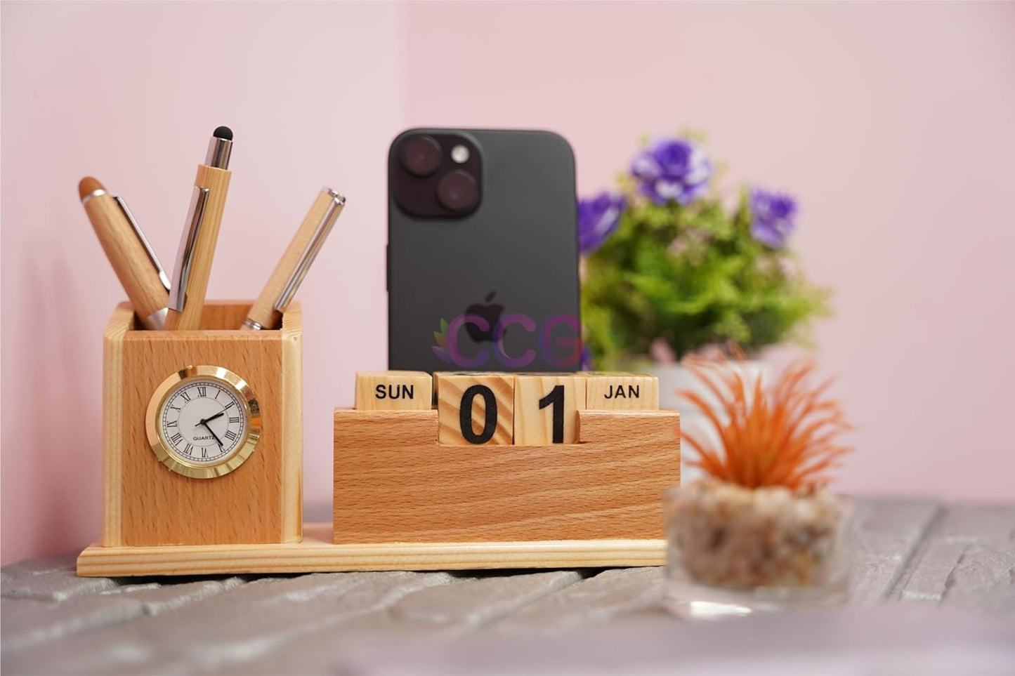 Craft Closet & Gifts - Wooden Pencil Pen Stand Holder with Rolling Calendar and Mobile Stand Slot - Personalized Office Accessory for IAS, Advocate, Office & Corporate Gifts