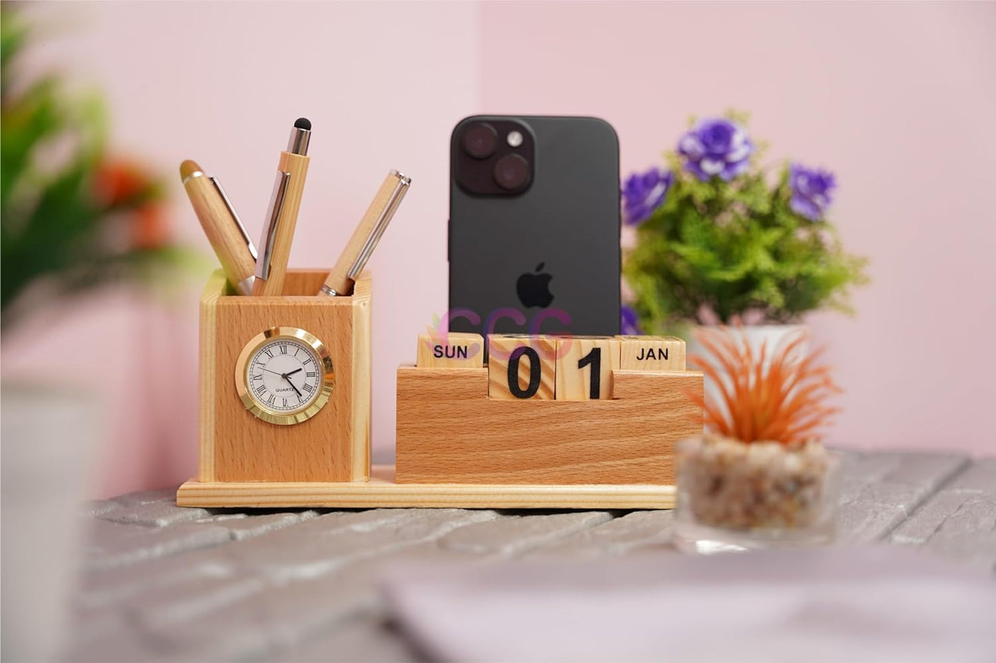 Craft Closet & Gifts - Wooden Pencil Pen Stand Holder with Rolling Calendar and Mobile Stand Slot - Personalized Office Accessory for IAS, Advocate, Office & Corporate Gifts