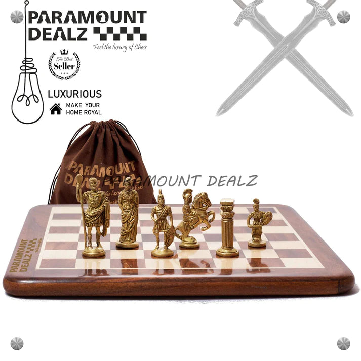 Playminds Handcrafted Brass Chess Set (FLAT Wooden Sheesham Board with Solid Brass Chess Set) - Best for Chess Enthusiasts and Gifting purpose