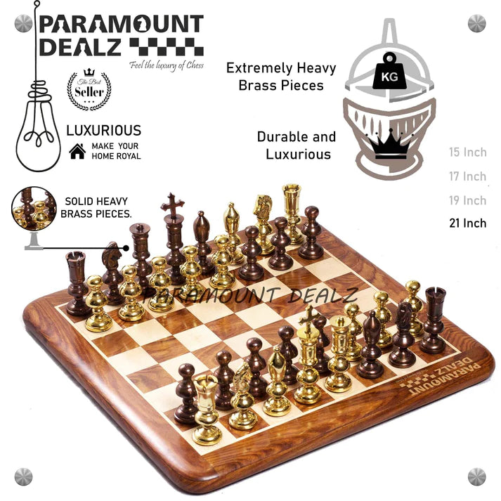 Playminds Castle Series Handcrafted Brass Chess Set (FLAT Wooden Sheesham Board with Solid Brass Chess Set) - Best for Chess Enthusiasts and Gifting purpose