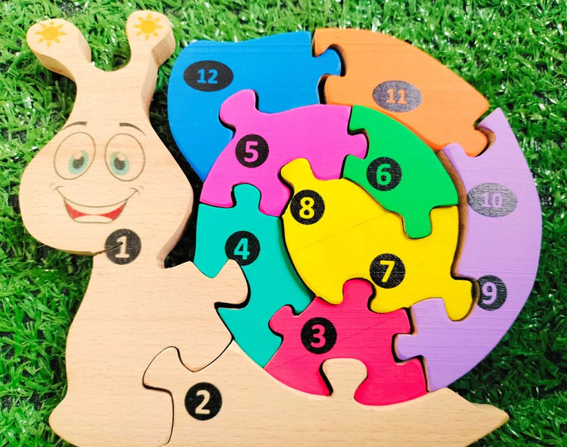 Playminds Snail02 Brain Teaser Jigsaw Number Puzzle Set (10 pieces)| Number puzzle | Interlocking Blocks Puzzle| Lock in Blocks Puzzle| Animals Puzzle| Wooden Puzzle