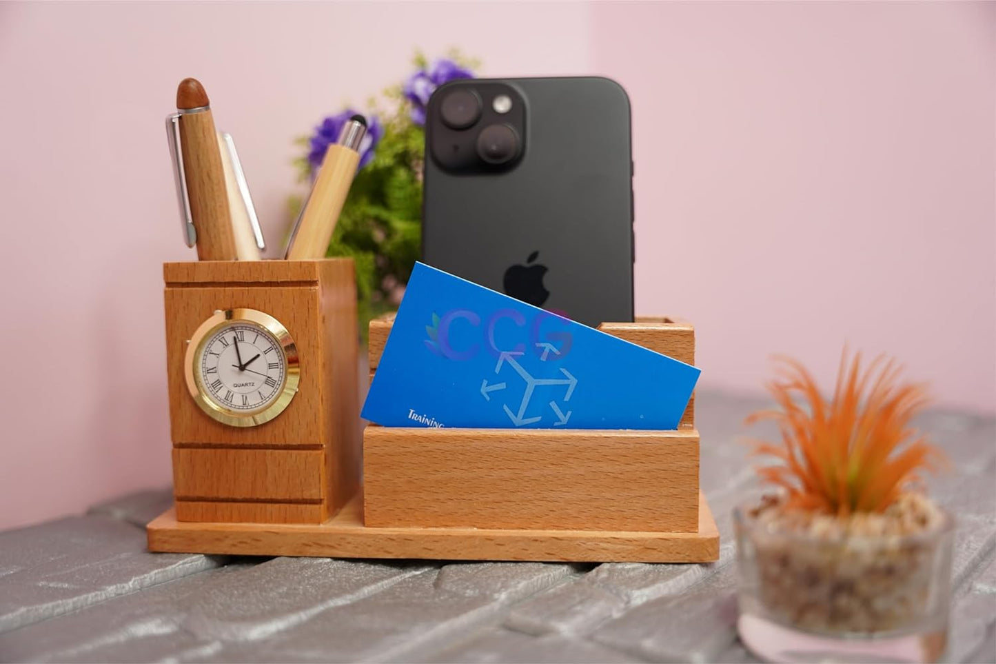 Craft Closet & Gifts - Wooden Pencil/Pen Stand Holder with Clock, Mobile Holder, and Card Holder - Design 1 - Personalized Office Desk Supplies Accessory for IAS, Advocate, Office & Corporate Gifts