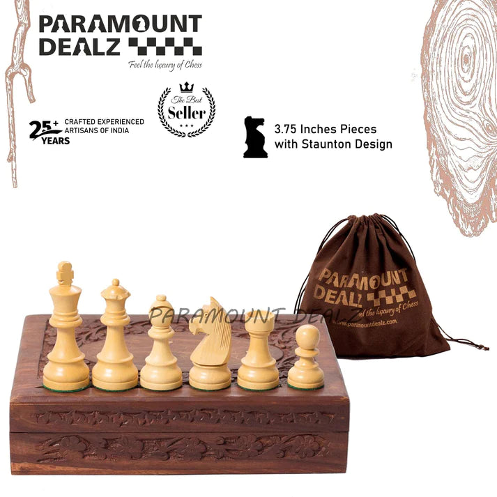Playminds 3.75 Inch King Height-Collector Edition Wooden Chess Pieces set - Yellow Black color (Staunton Pieces/Drawstring pouch)