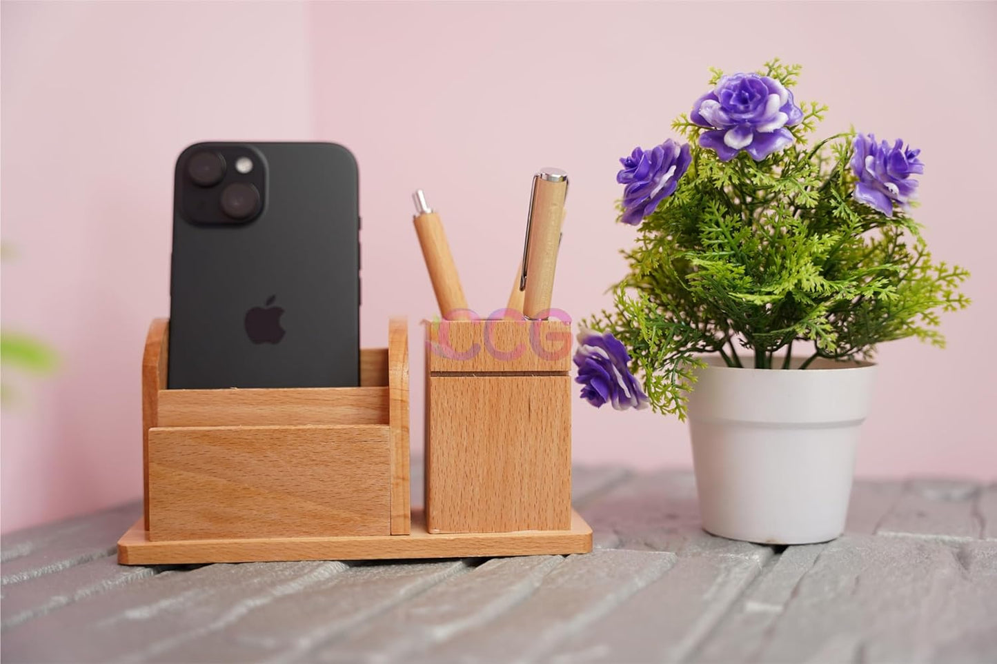 Craft Closet & Gifts - Steam Beech Wood Pencil Pen Stand with Card and Mobile Holder - Design 2 - Personalized Office Accessory for IAS, Advocate, Office & Corporate Gifts