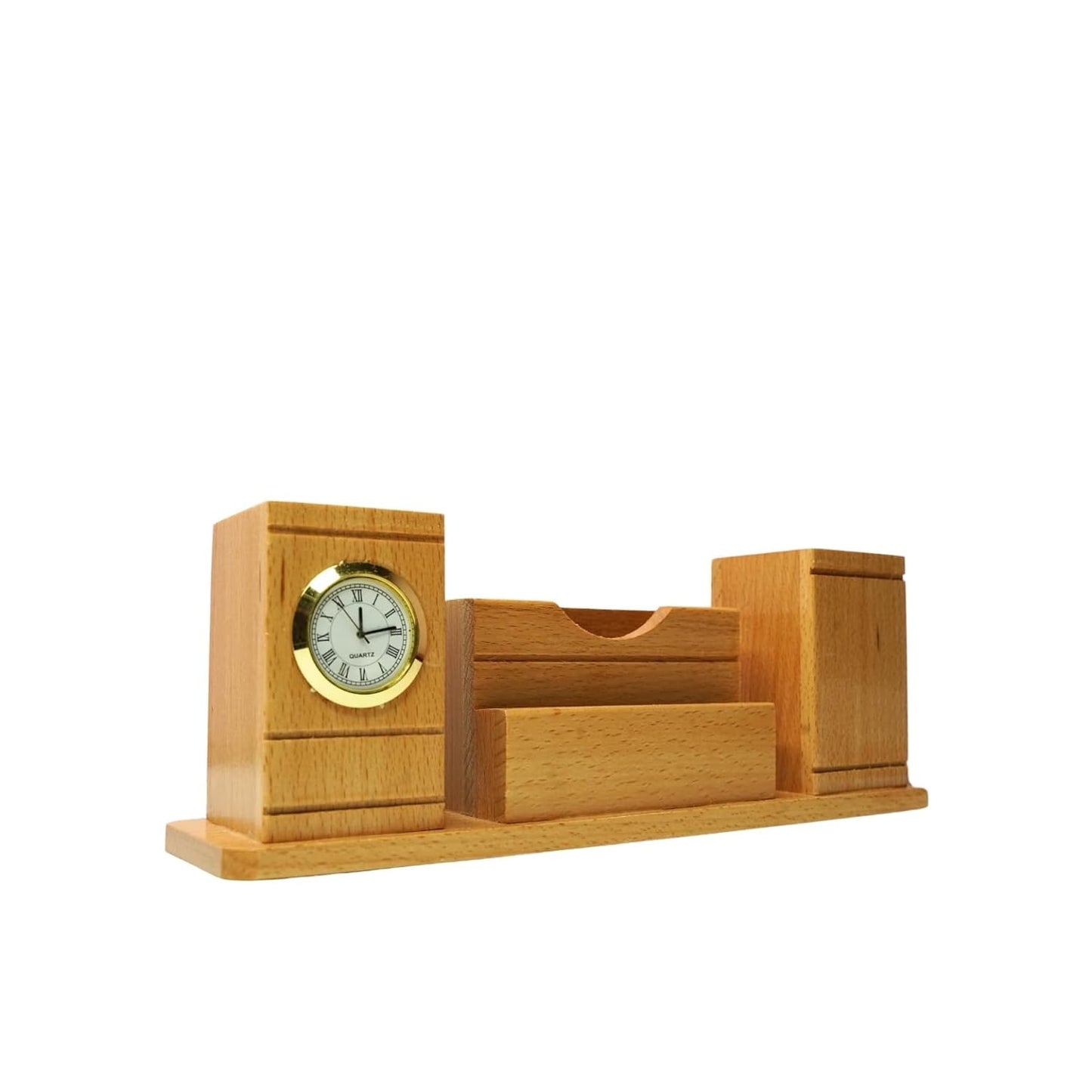 Craft Closet & Gifts - Handcrafted Steam Beech Wooden Desk Supplies Organizer with Clock, Dual Pen/Pencil Stand Holder, Mobile & Card Slots For IAS, Advocates, Office & Corporate Gifts (Customized)