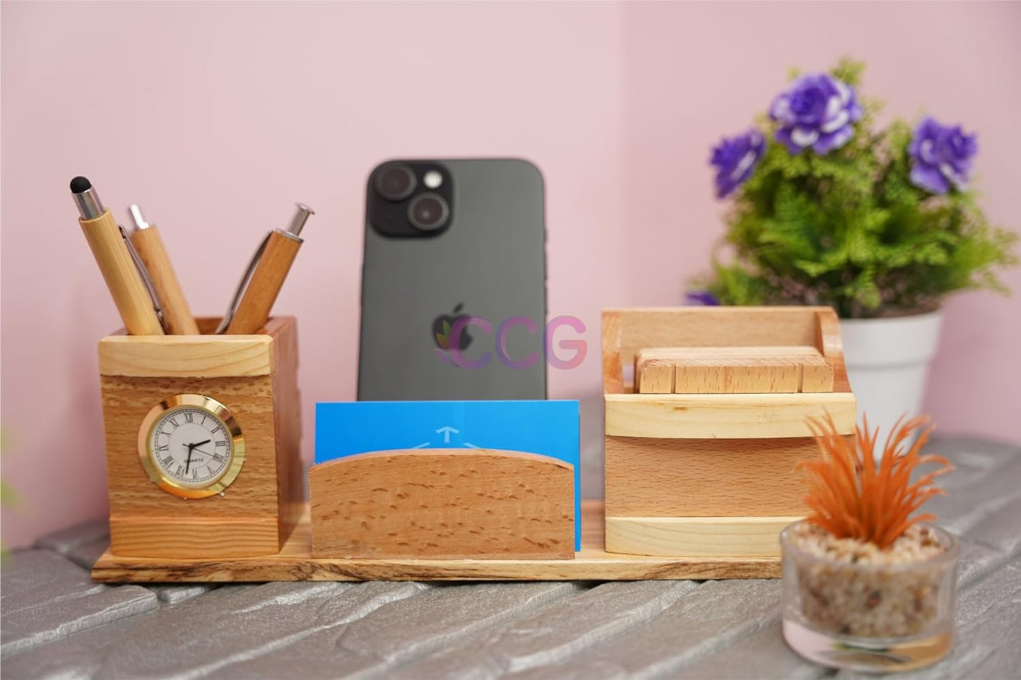 Craft Closet & Gifts - Steam Beech Wood Pencil/Pen Stand Holder with Mobile and Card Holder + Clock - Design 1 - Personalized Office Accessory for IAS, Advocate, Office & Corporate Gifts