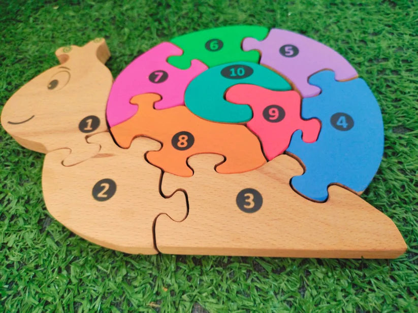 Playminds Snail01 Brain Teaser Jigsaw Number Puzzle Set (10 pieces)| Number puzzle | Interlocking Blocks Puzzle| Lock in Blocks Puzzle| Animals Puzzle| Wooden Puzzle