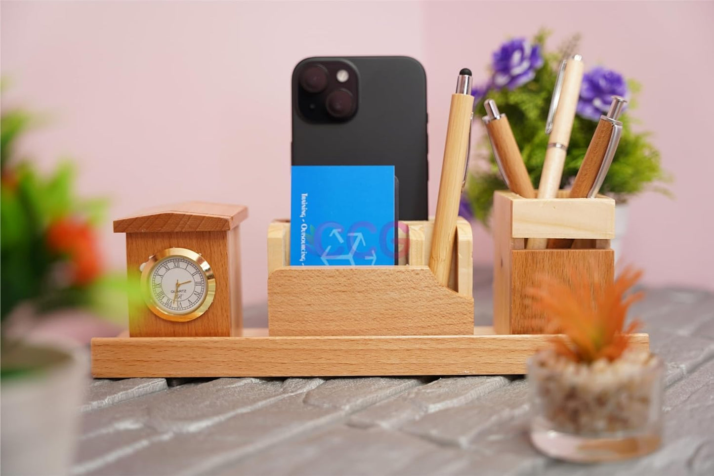 Craft Closet & Gifts - Wooden Pencil/Pen Stand Holder with Mobile, Card Holder and Clock - Design 2 - Personalized Office Accessory for IAS, Advocate, Office & Corporate Gifts