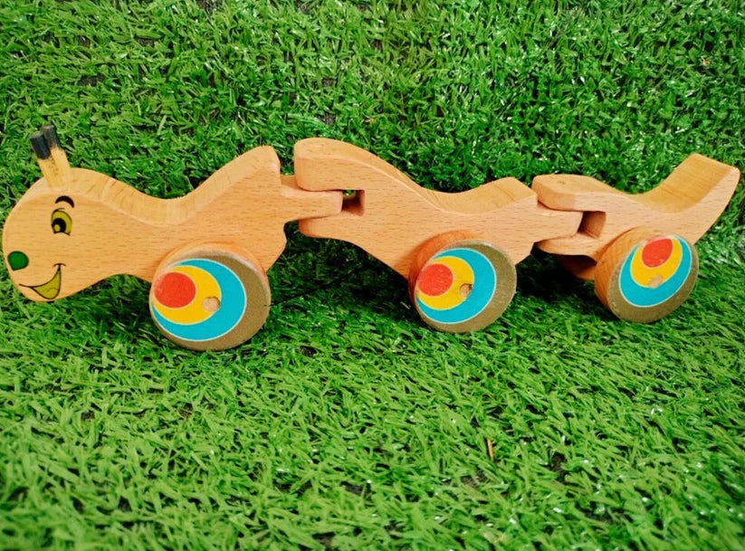 Playminds Wriggle Caterpiller Pull Along Toy (Flexible body for 360 degree Rotation, pull cord, holding piece) | Wooden Push/Pull Toy | Wooden Flexible Toy