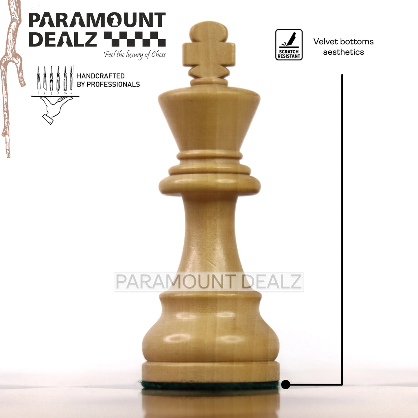 Playminds Grand Master Square Cornered Edition 21 inches Wooden chess board (Acacia wood & Maple wood) with 3.75″ wooden weighted chess pieces and drawstring Velvet chess pouch (Must buy for chess players)