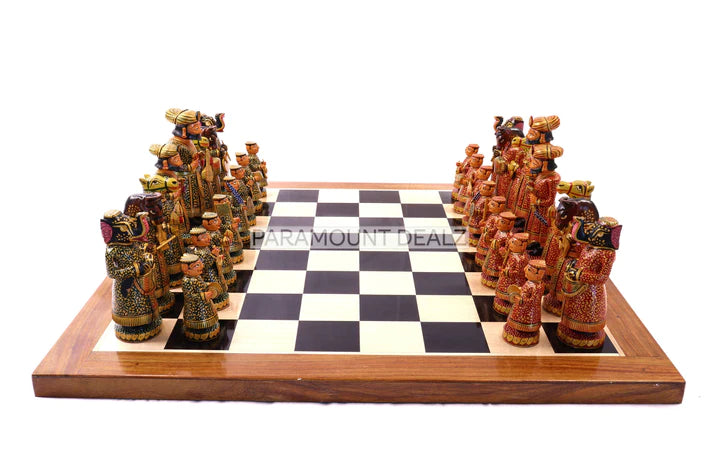 Playminds Wooden Indian Musical Theme 6" Chess Set - Handcrafted Chess Board with Chess Pieces and Box | Golden Rosewood Board for Kids and Adults