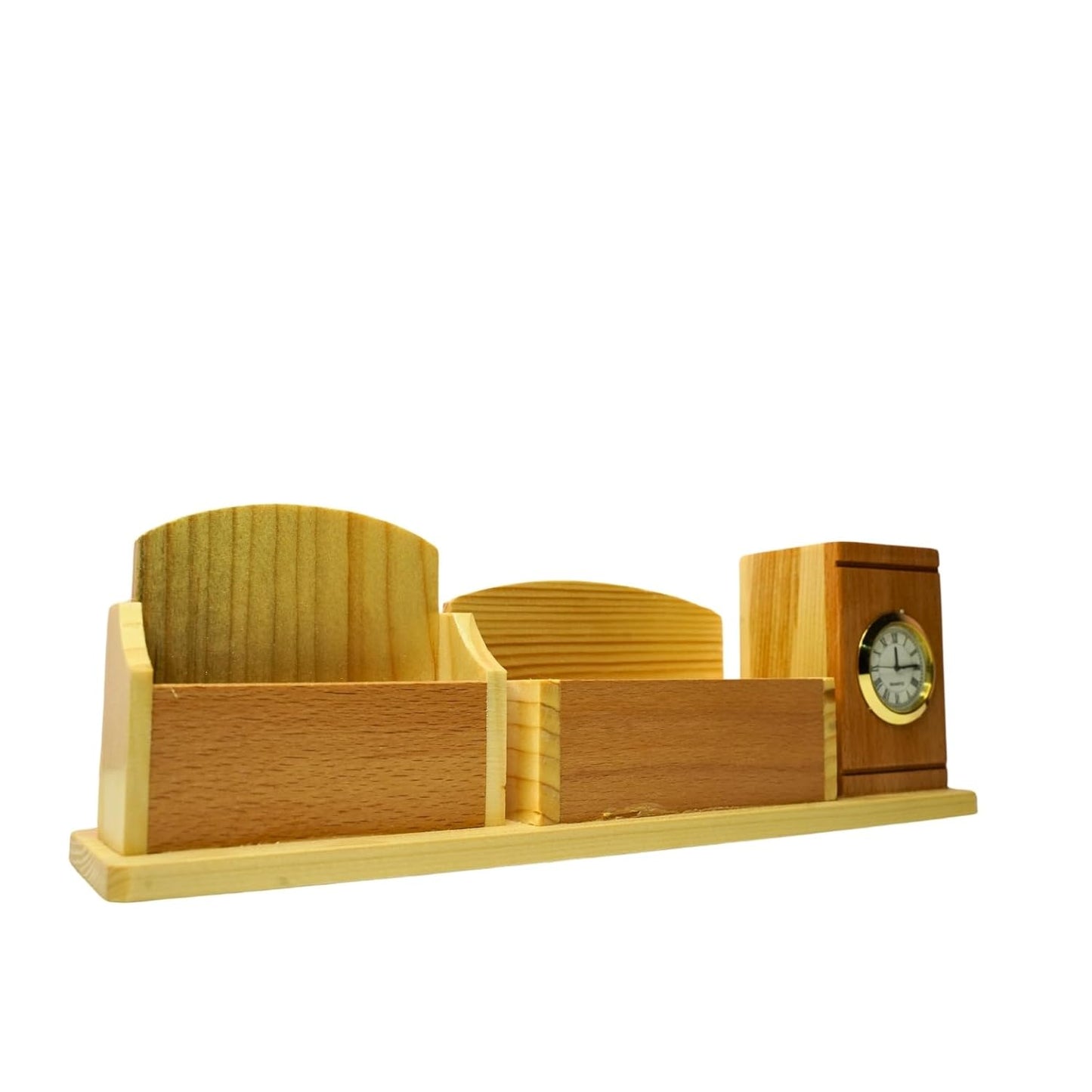 Craft Closet & Gifts - Steam Beech Wooden Desk Supplies Organizer with Clock, Wallet/Card Holder, Pen/Pencil Stand & Mobile Stand For IAS, Advocates, Office & Corporate Gifts