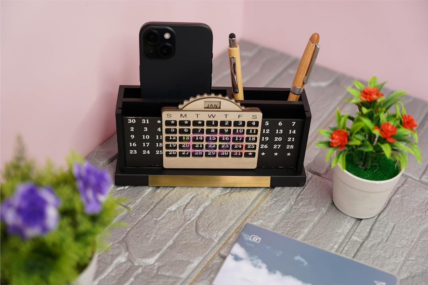 Craft Closet & Gifts - Wooden Stylish Calendar Design Mobile and Pencil Holder - Personalized Office Table Desk Supplies Accessory for IAS, Advocate, Office & Corporate Gifts