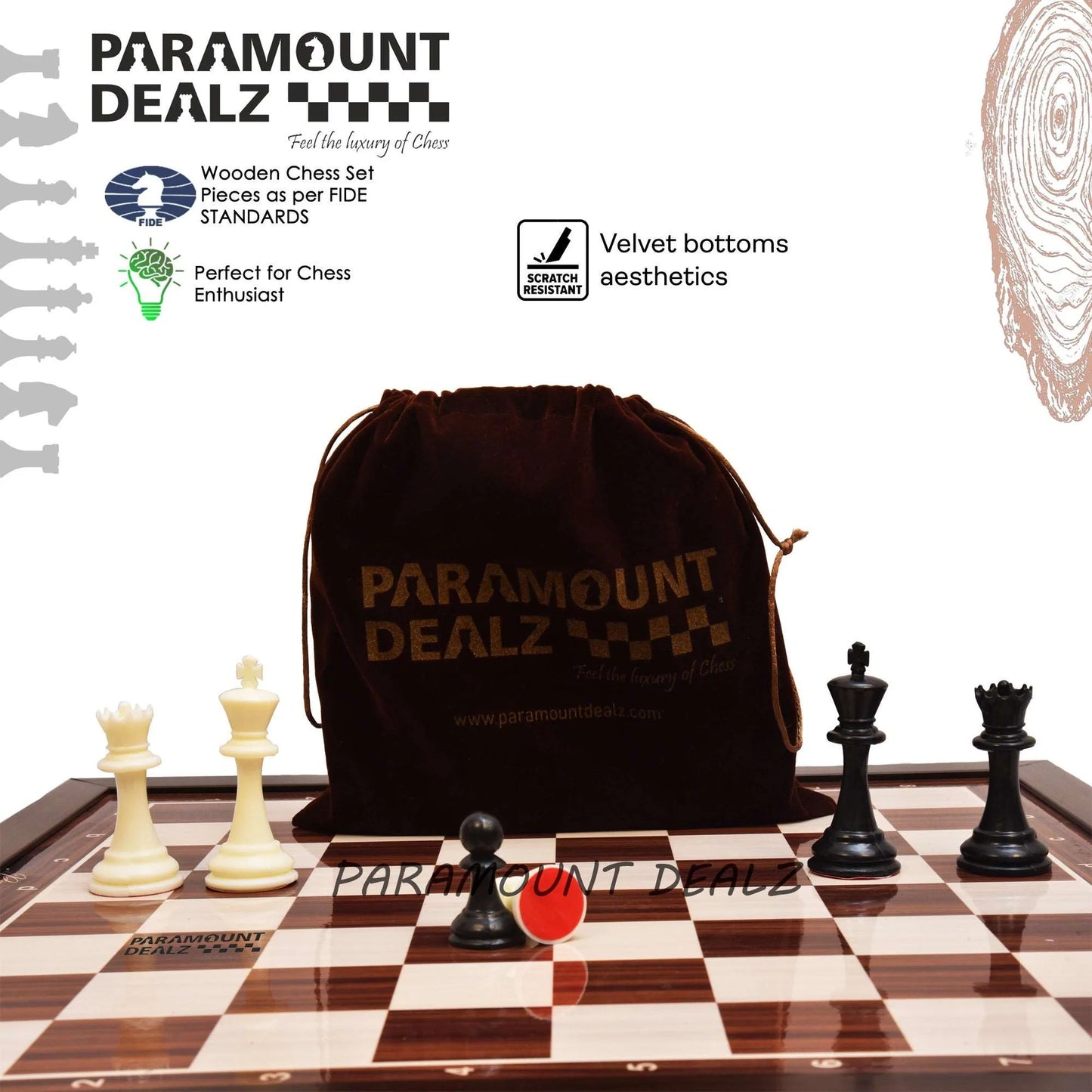 Playminds 21" Wooden Laminated Chess board with plastic chess pieces and pouch