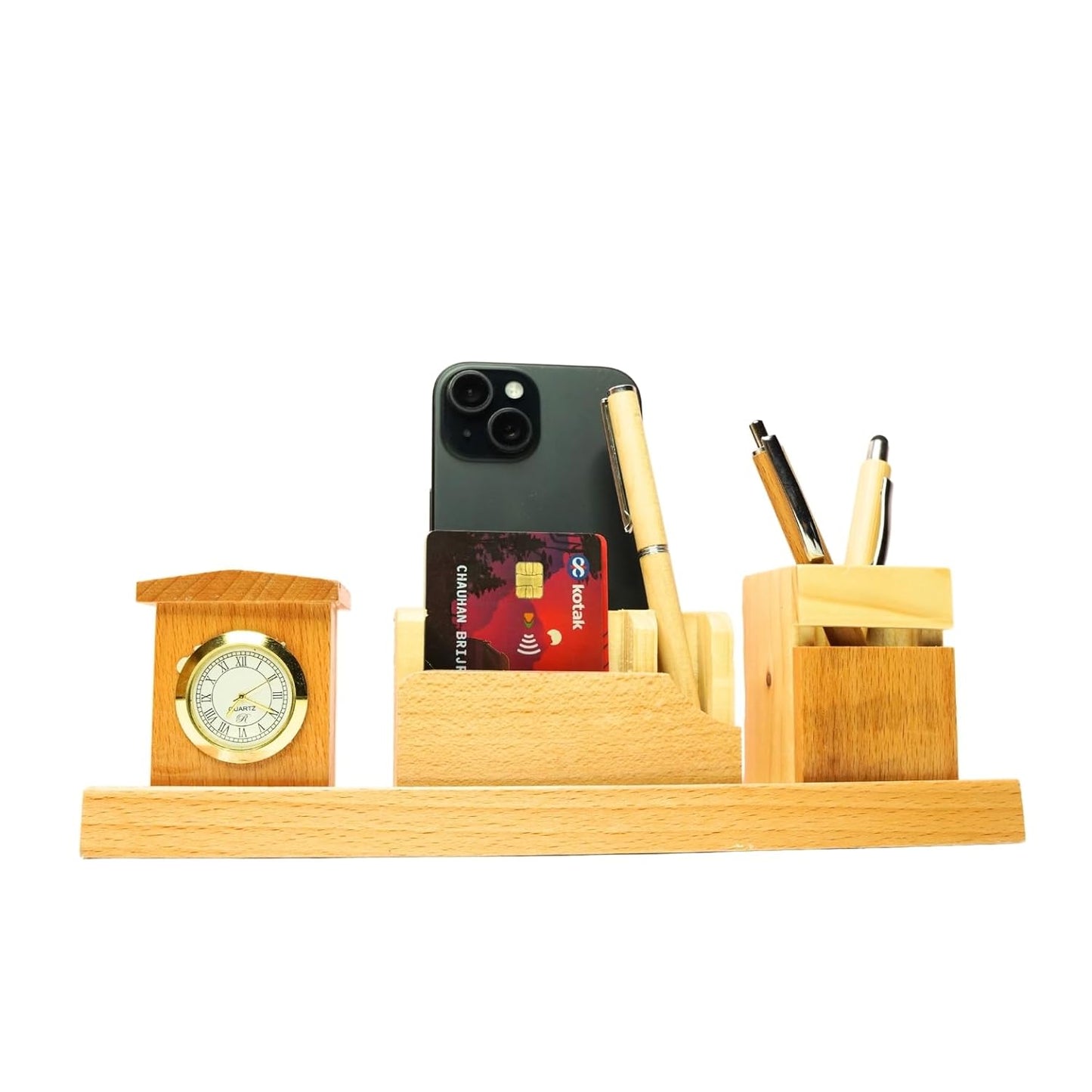 Craft Closet & Gifts - Wooden Pencil/Pen Stand Holder with Mobile, Card Holder and Clock - Design 2 - Personalized Office Accessory for IAS, Advocate, Office & Corporate Gifts