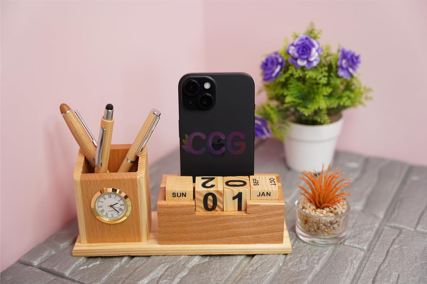 Craft Closet & Gifts - Wooden Pencil Pen Stand Holder with Rolling Calendar and Mobile Stand Slot - Personalized Office Accessory for IAS, Advocate, Office & Corporate Gifts