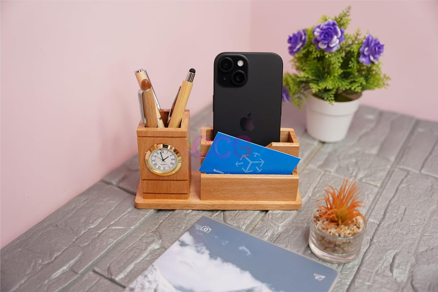 Craft Closet & Gifts - Wooden Pencil/Pen Stand Holder with Clock, Mobile Holder, and Card Holder - Design 1 - Personalized Office Desk Supplies Accessory for IAS, Advocate, Office & Corporate Gifts