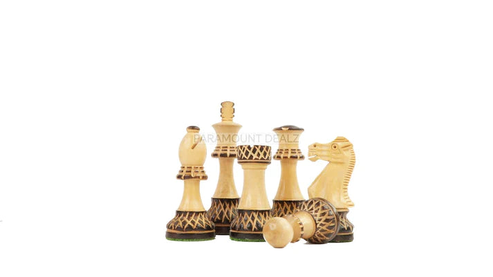 The Burnt Blazed Series Hand carved 3.75" King Size 32 + 2 Extra Queens Wooden Chess Pieces with Velvet Carry Pouch and Sheesham Wooden Chess Box