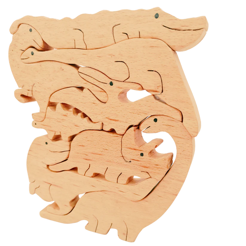 Playminds Three in one Stacking toy, Jigsaw Puzzle & Dinosaurs set (8 piece) | Wooden Jigsaw Animals Puzzle | Organic Toy for Brain Development