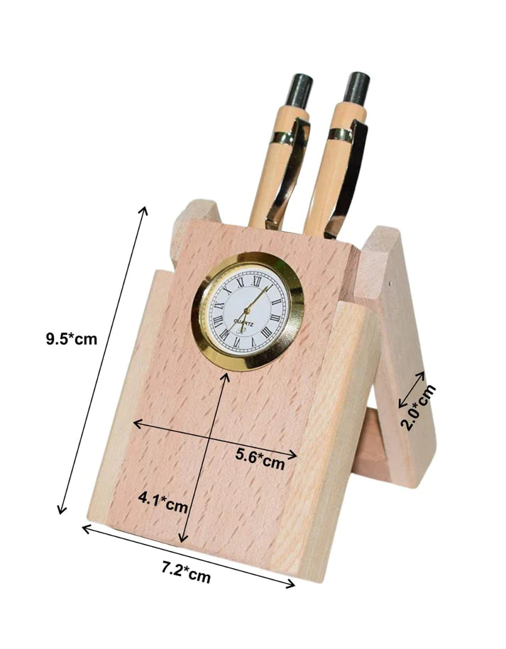 Craft Closet & Gifts - Wooden Desk Organizer with Clock |Double Pen Holder |Office/Home Decor
