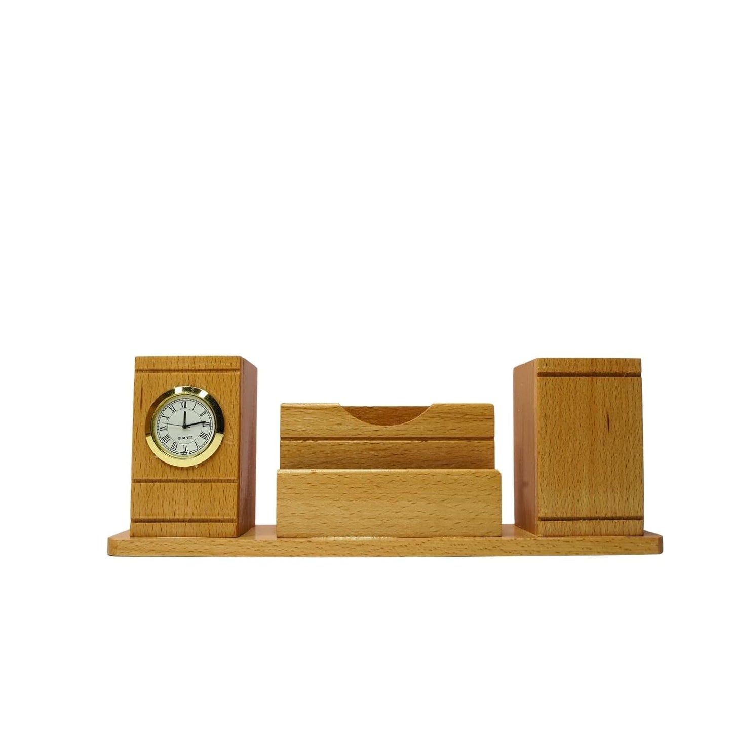 Craft Closet & Gifts - Handcrafted Steam Beech Wooden Desk Supplies Organizer with Clock, Dual Pen/Pencil Stand Holder, Mobile & Card Slots For IAS, Advocates, Office & Corporate Gifts (Customized)