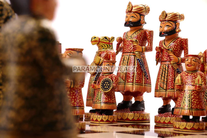 Playminds Wooden Indian Musical Theme 6" Chess Set - Handcrafted Chess Board with Chess Pieces and Box | Golden Rosewood Board for Kids and Adults