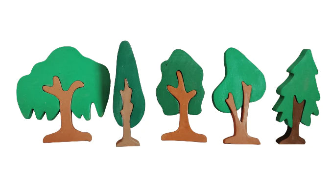 Playminds Tree Puzzle Pretend Play Set (Set of five trees)| Tree Mini Puzzles in Beech Wood (Different shapes and colours) | Pretend Play Tree Set | Decorative Tree Set