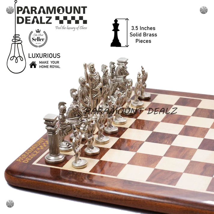 Playminds Handcrafted Brass Chess Set (FLAT Wooden Sheesham Board with Solid Brass Chess Set) - Best for Chess Enthusiasts and Gifting purpose