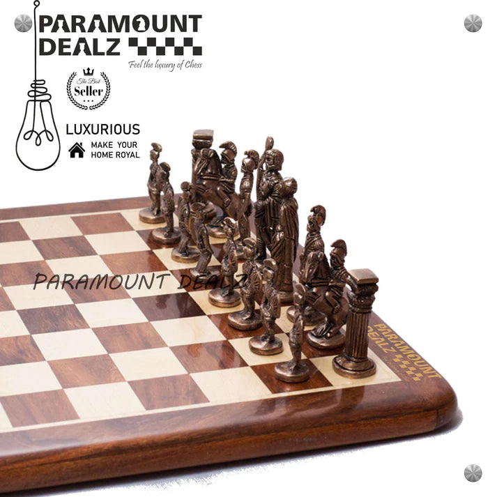 Playminds Handcrafted Brass Chess Set (FLAT Wooden Sheesham Board with Solid Brass Chess Set) - Best for Chess Enthusiasts and Gifting purpose