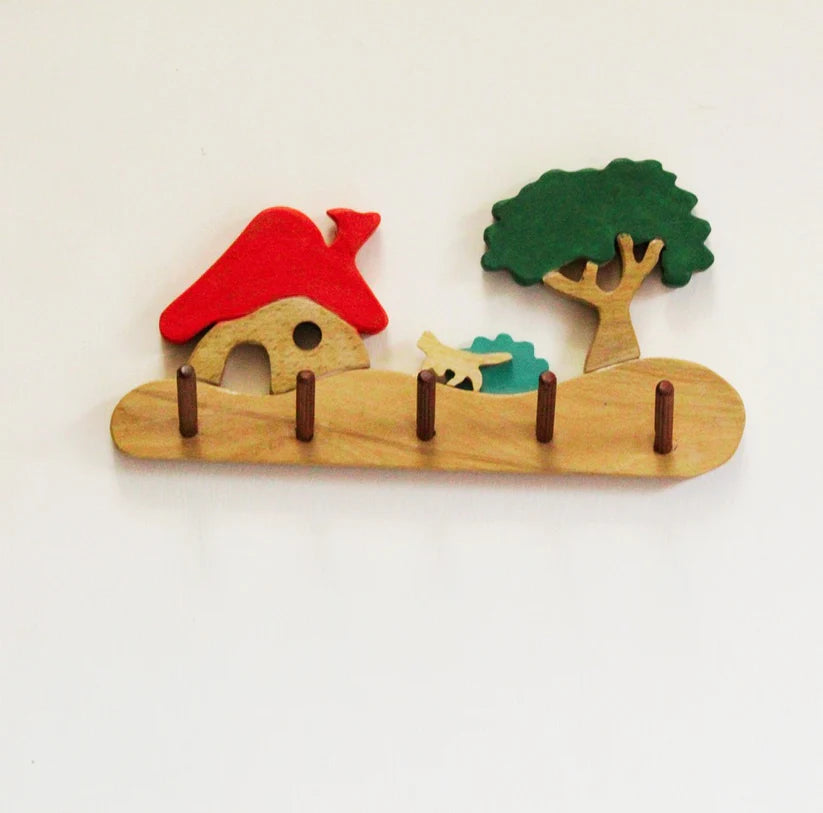 Playminds Farmhouse Kids Wall Cloth Hanger ( Hut, cat, bush and tree)| Keys, Cloths, ID Cards Hanger| Kids Room Organiser | Natural Wood Hanger
