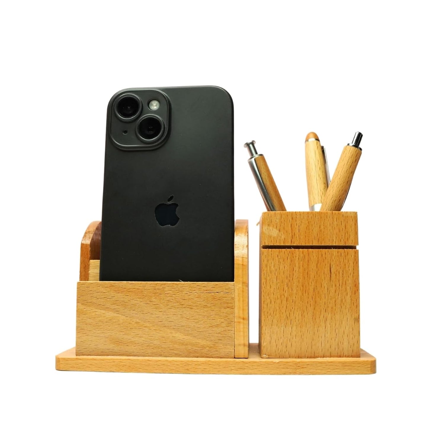 Craft Closet & Gifts - Steam Beech Wood Pencil Pen Stand with Card and Mobile Holder - Design 2 - Personalized Office Accessory for IAS, Advocate, Office & Corporate Gifts