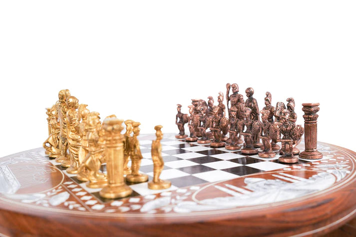 Playminds Handmade Wood Chess Table with Bone Inlay, Hand Crafted Solid Luxury Wooden Board Game & Weighted Pieces Set - Living Room Decors for Lovers