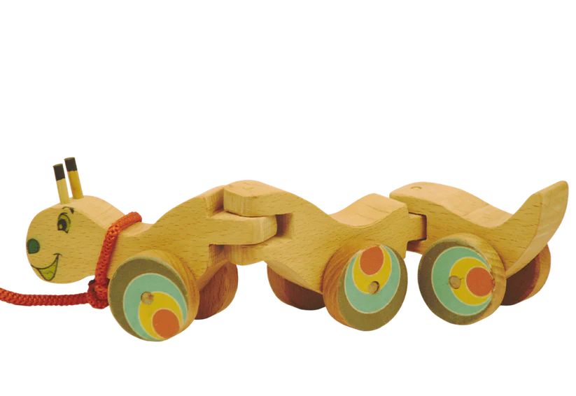 Playminds Wriggle Caterpiller Pull Along Toy (Flexible body for 360 degree Rotation, pull cord, holding piece) | Wooden Push/Pull Toy | Wooden Flexible Toy