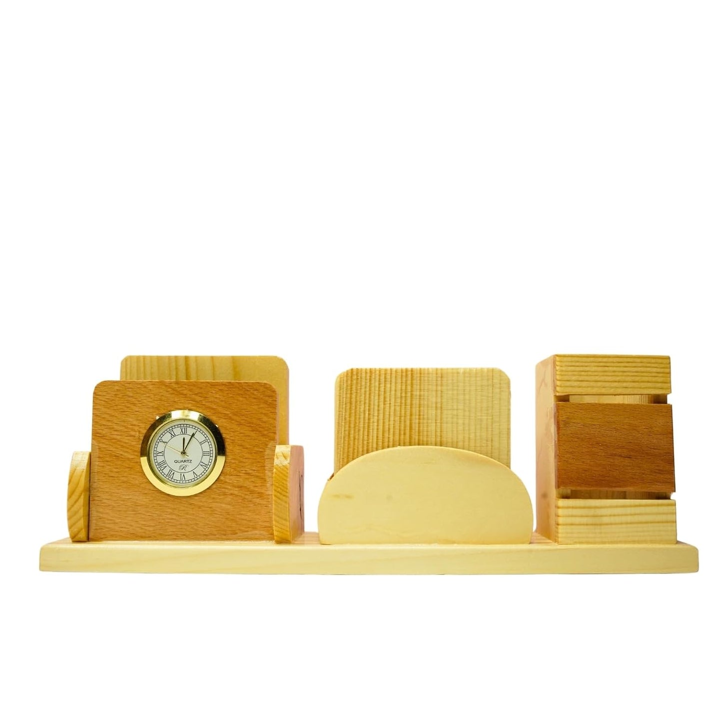 Craft Closet & Gifts - Wooden Pencil/Pen Stand Holder with Clock, Mobile Holder, and Card Holder - Design 2 - Customized Table Desk Office Accessory for IAS, Advocate, Office & Corporate Gifts