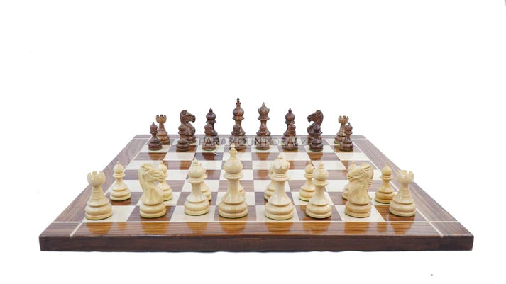 The Taj Series Royal 3.75" King Size 32 + 2 Extra Queens Wooden Chess Pieces with Velvet Carry Pouch and Sheesham Wooden Chess Box